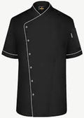 Black chef's coat with white buttons on a white background