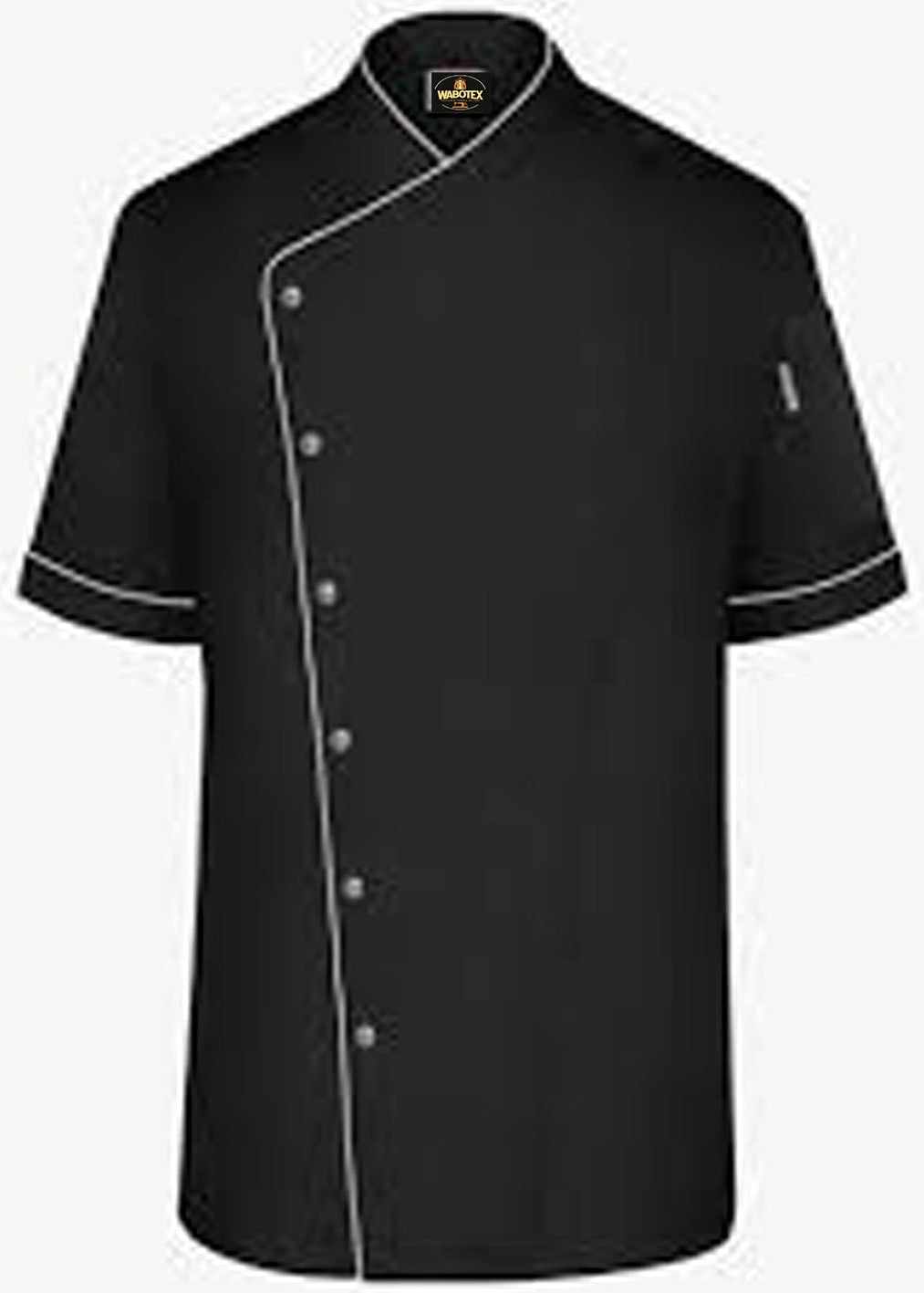 Black chef's coat with white buttons on a white background