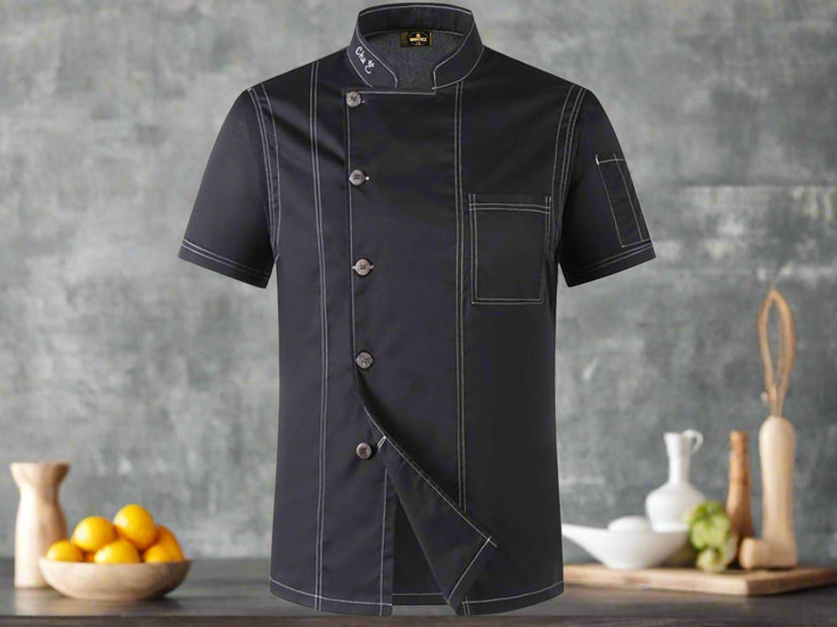 Black chef's coat with white buttons on a white background