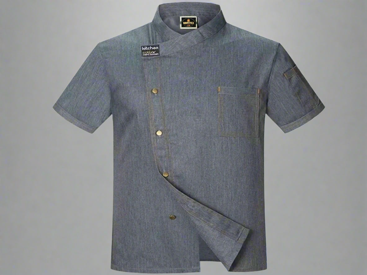 Blue chef's coat with gold buttons on a white background