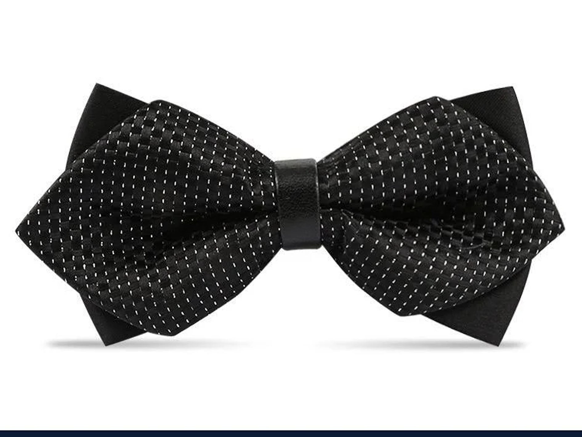 A black pre-tied bow tie with a fine white dotted pattern, displayed against a clean white background.