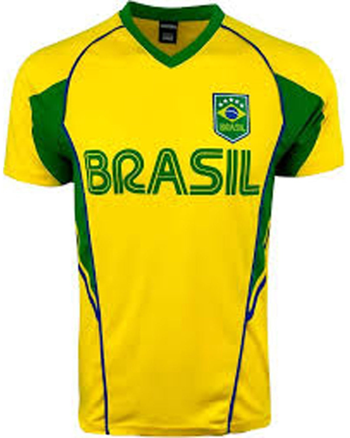 Yellow sports jersey with green accents and 'Brasil' text on a white background