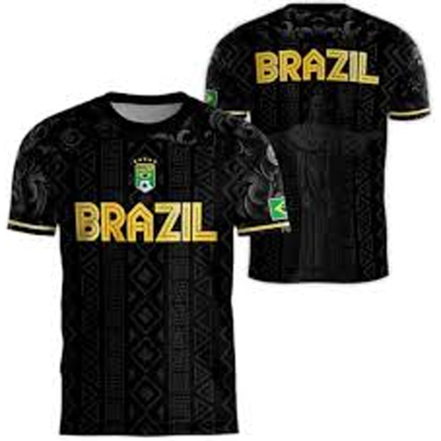 Black Brazil-themed jersey with gold text on a white background