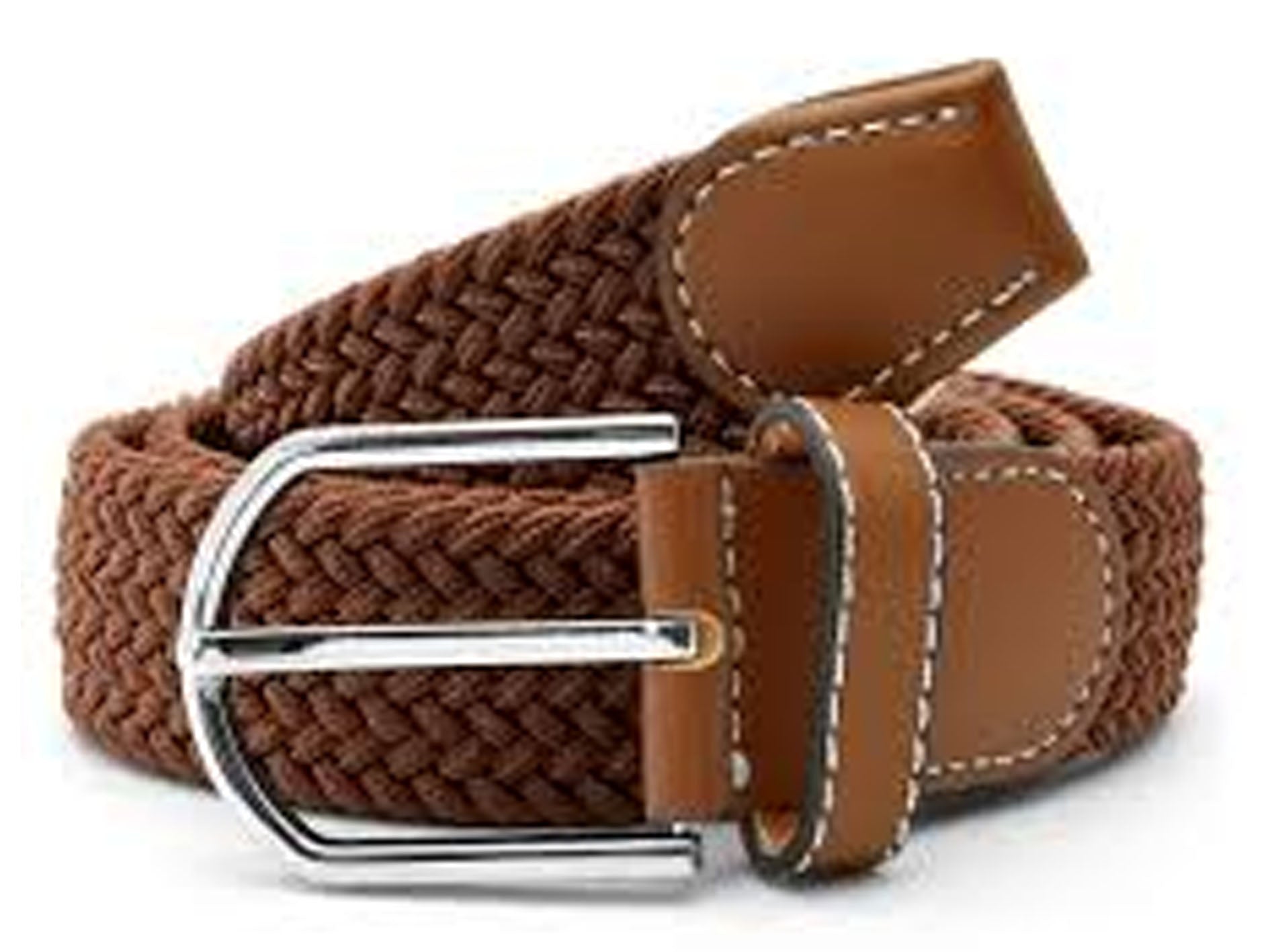 Brown Canvas Belt with lether tips and silver buckle on a white background