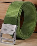 Beige Canvas Belt with metal hooks on a wooden surface