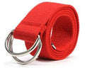 Red Canvas Belt with double silver hooj on a white background