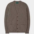 Brown cardigan with a brand logo on a white background
