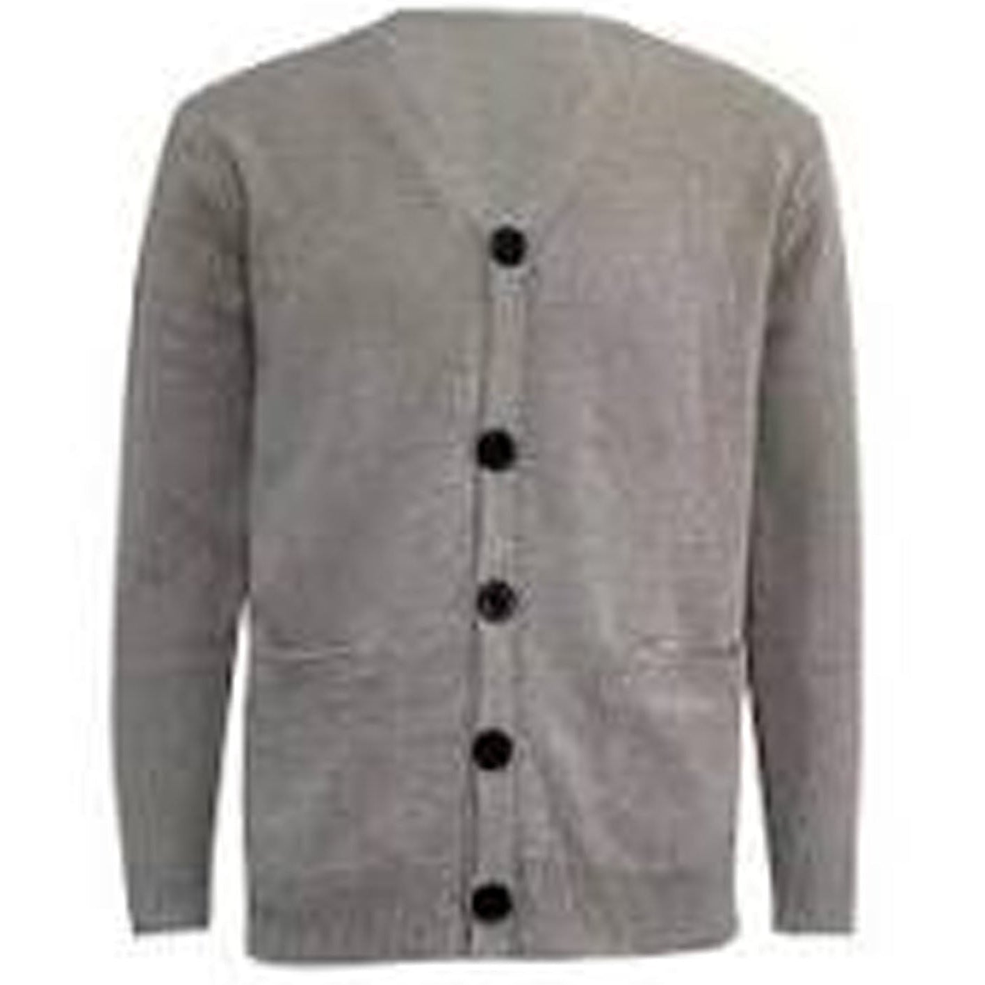 Gray cardigan with black buttons on a white background