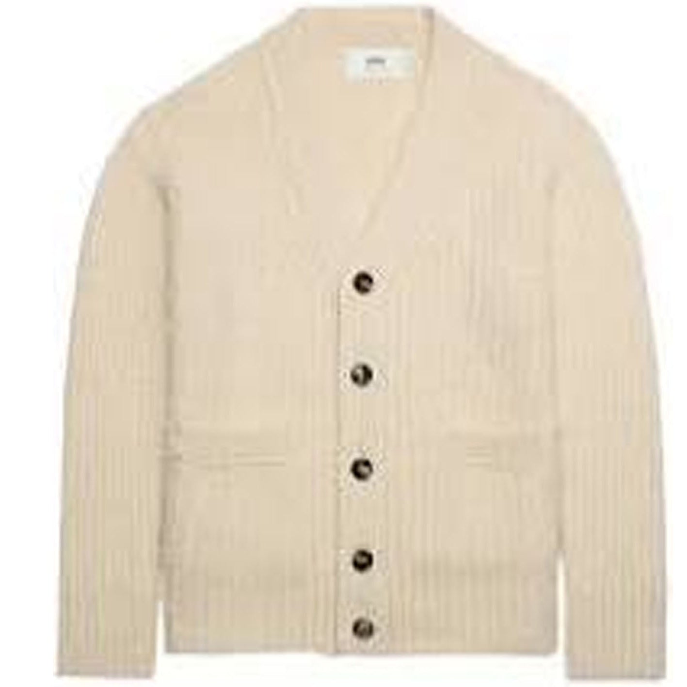 Beige cardigan with button details on a white background