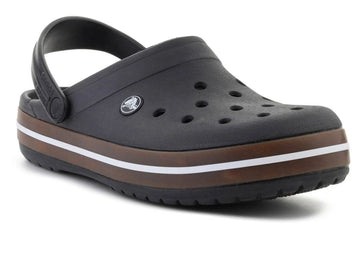 A single black Croc-style clog shoe with a brown and white sole, shown from a three-quarters angle on a white background.