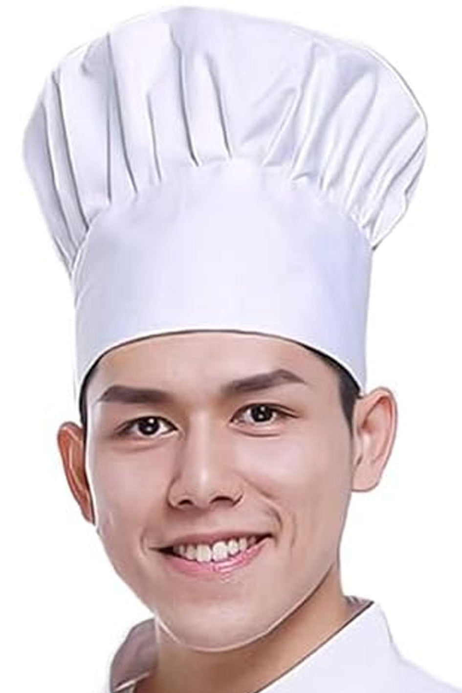 Person wearing a white chef's hat on a white background