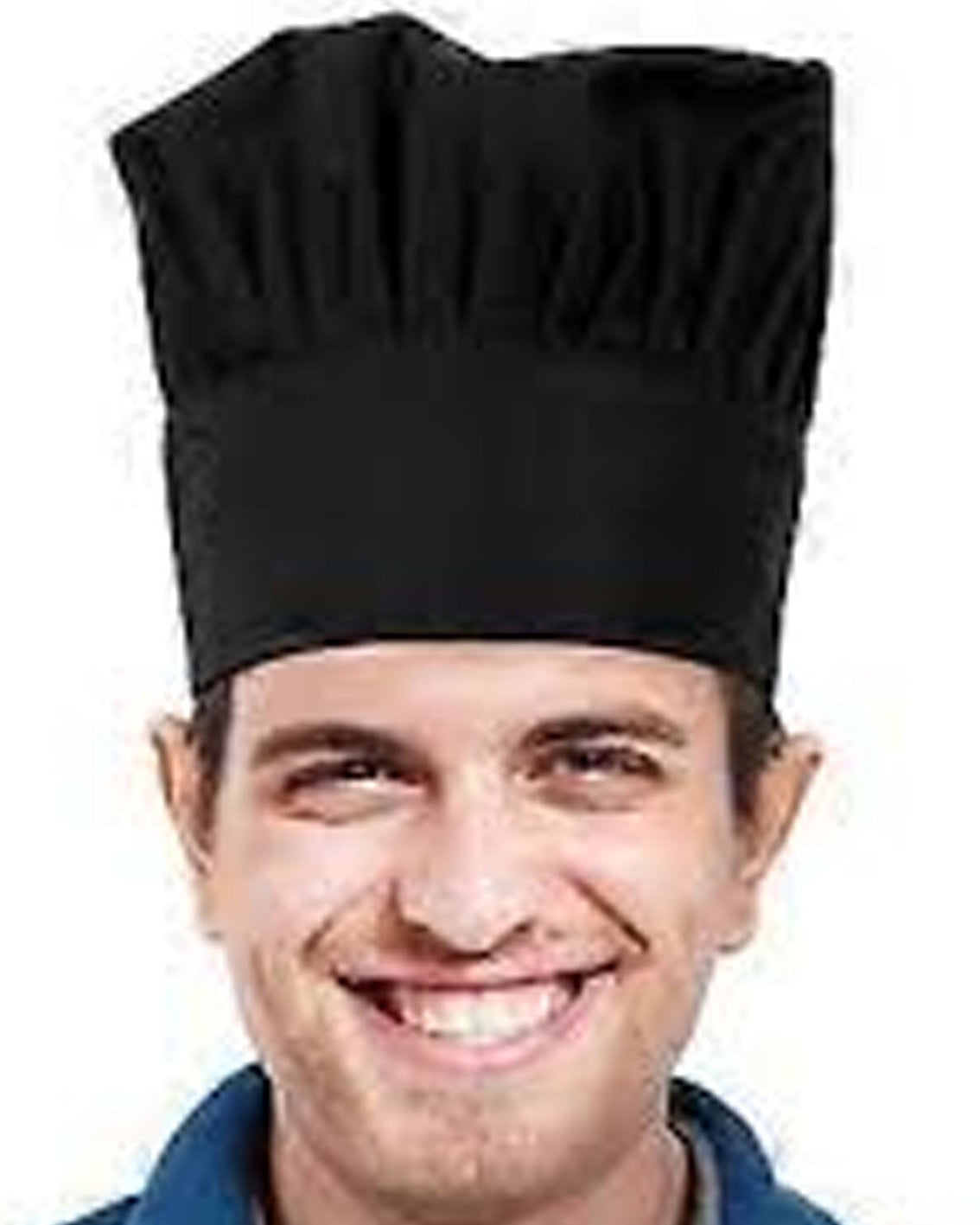 Person wearing a black chef's hat on a white background