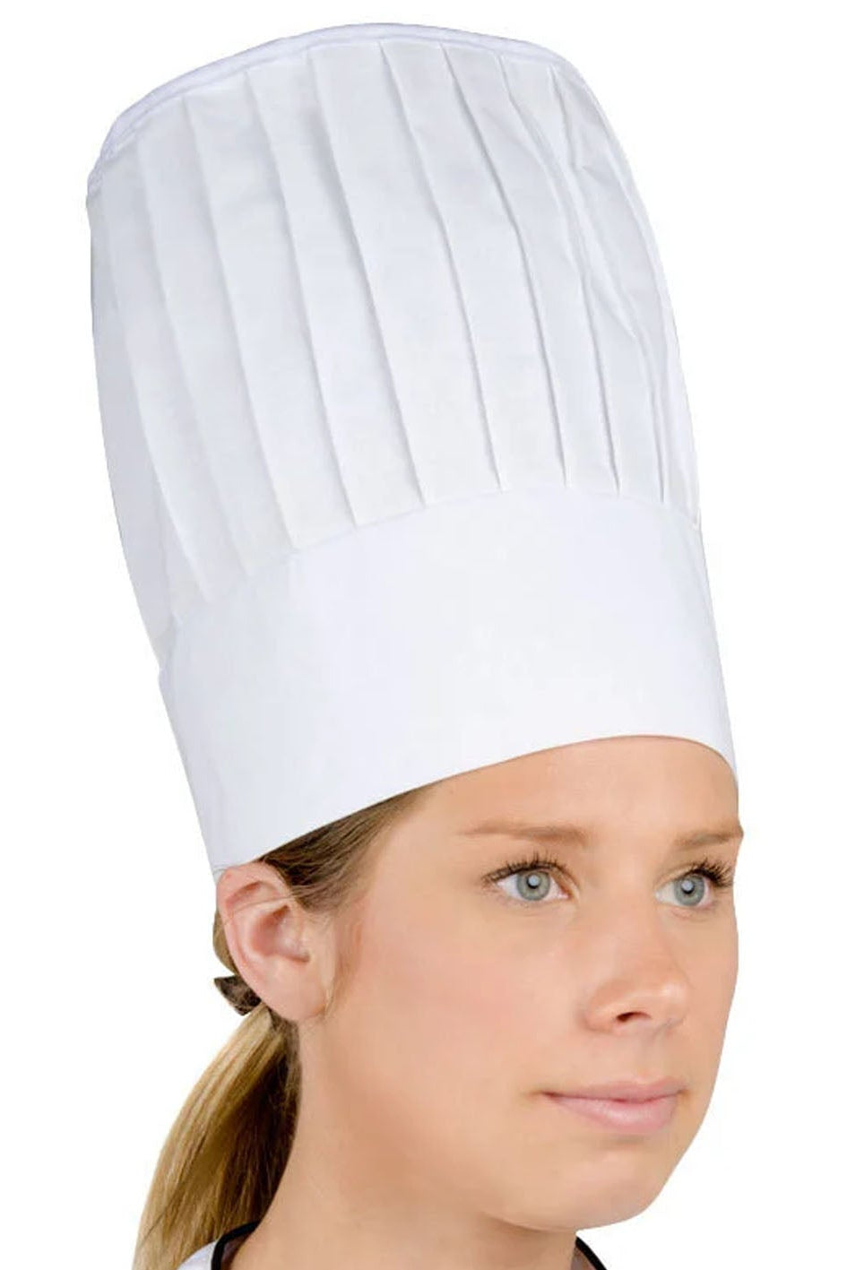 Person wearing a white chef's hat on a white background