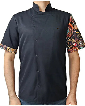Black chef's coat with colorful sleeves on a white background