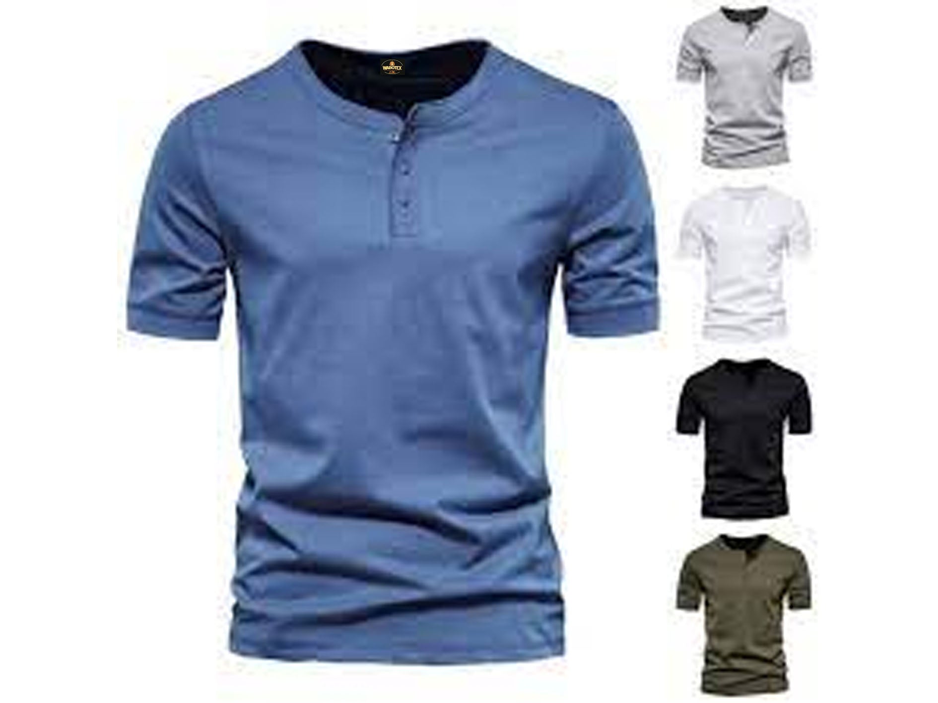Blue short-sleeve shirt with inset images of other colors on a white background