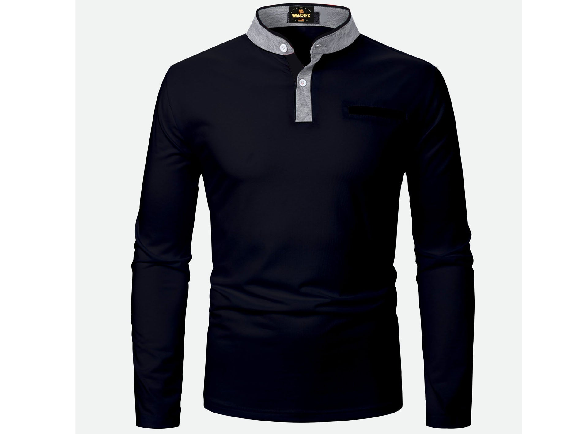 Black long-sleeve shirt with gray collar on a white background