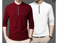 Two long-sleeve shirts, one red and one white, on a gray background.