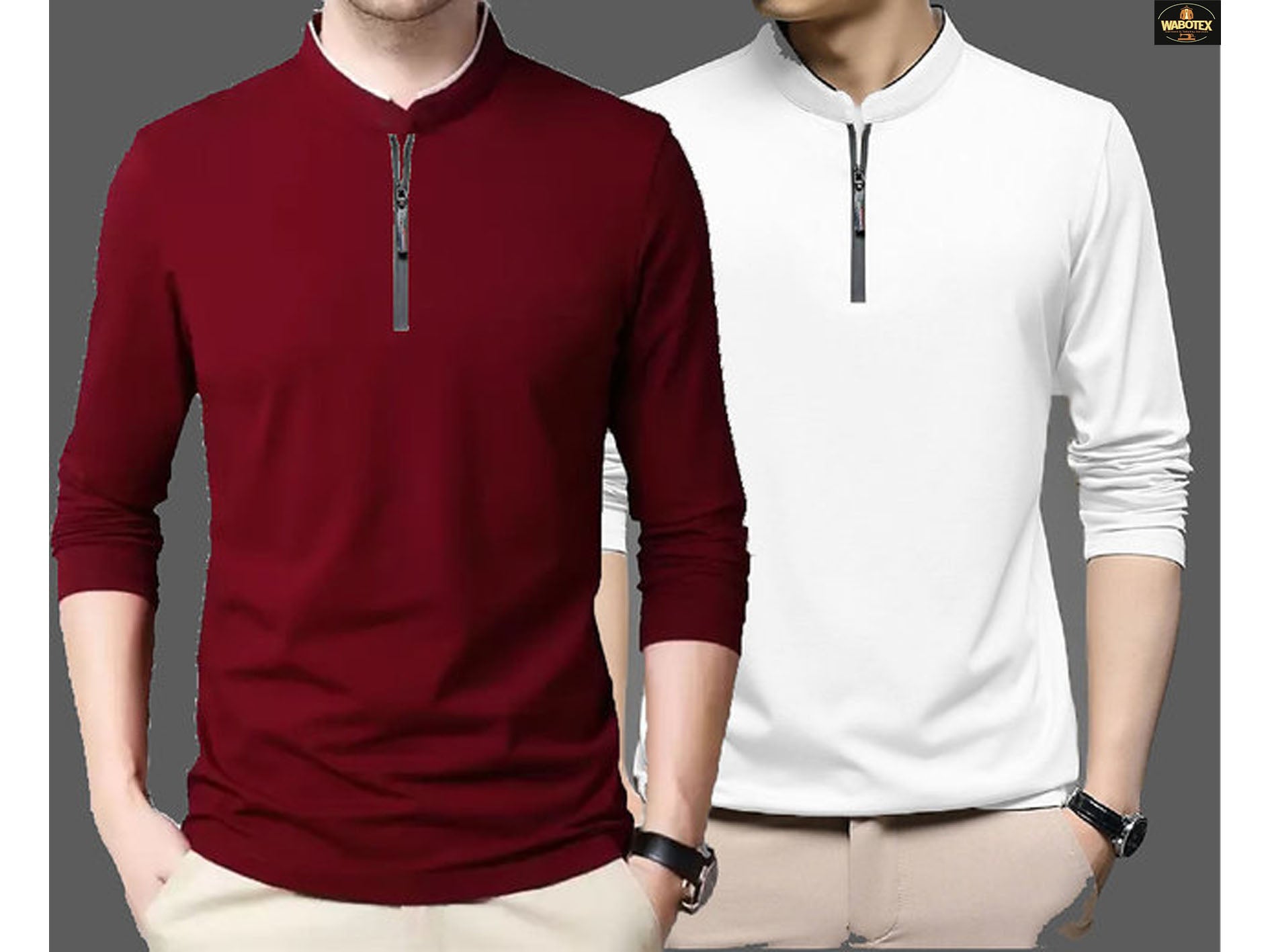 Two long-sleeve shirts, one red and one white, on a gray background.