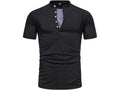 Black short-sleeve henley shirt on a white background