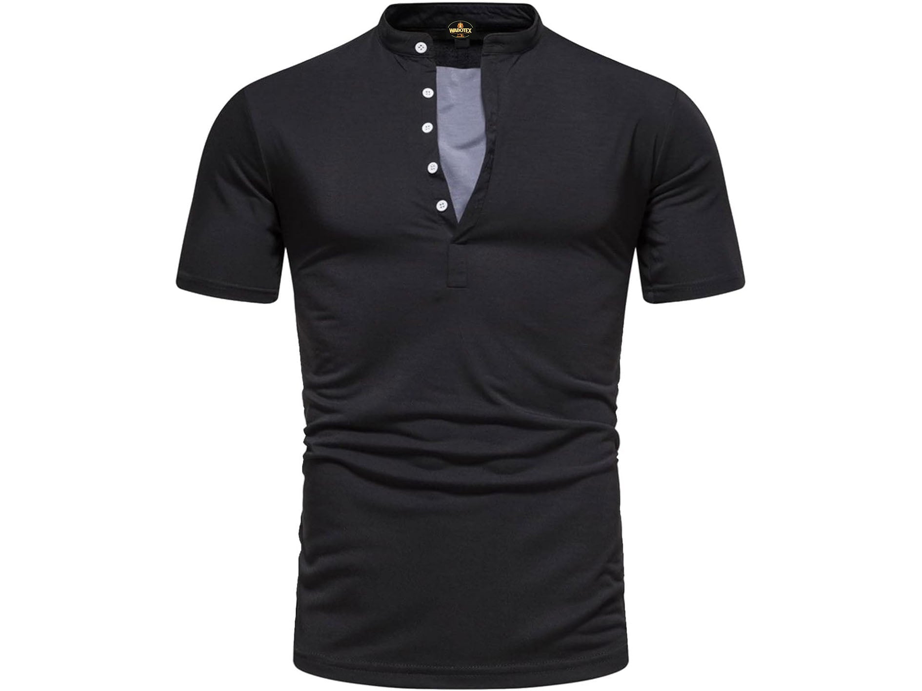 Black short-sleeve henley shirt on a white background