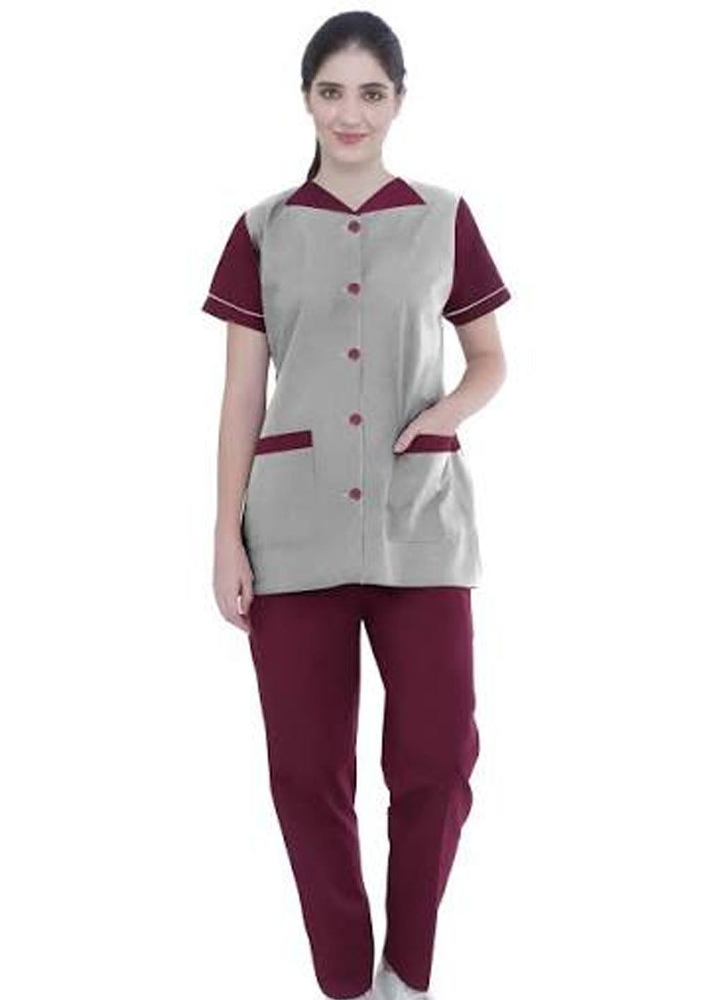 A woman modeling a two-piece medical scrub set consisting of a short-sleeve button-front vest in light gray with dark red trim and matching dark red scrub pants, set against a plain white background.