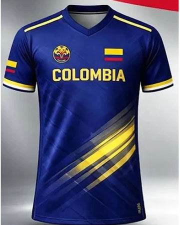 Blue colombia jersey with yellow and green patterns