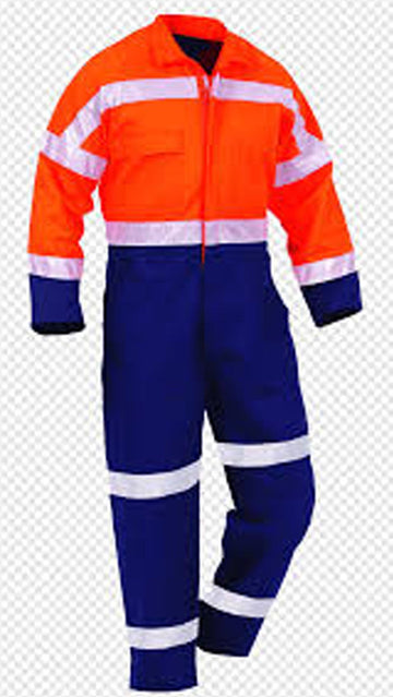 Orange and blue safety coverall with reflective stripes on a white background