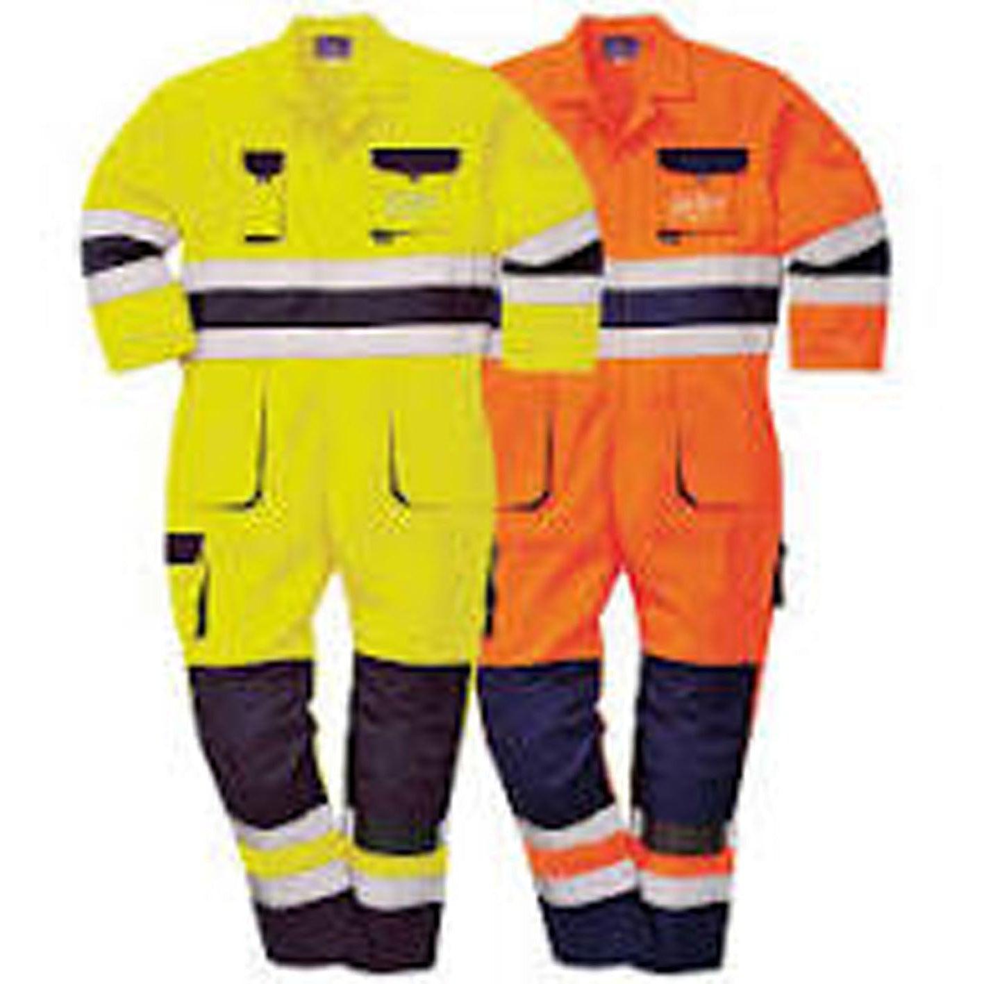 Two safety coveralls, one yellow and one orange, on a white background.