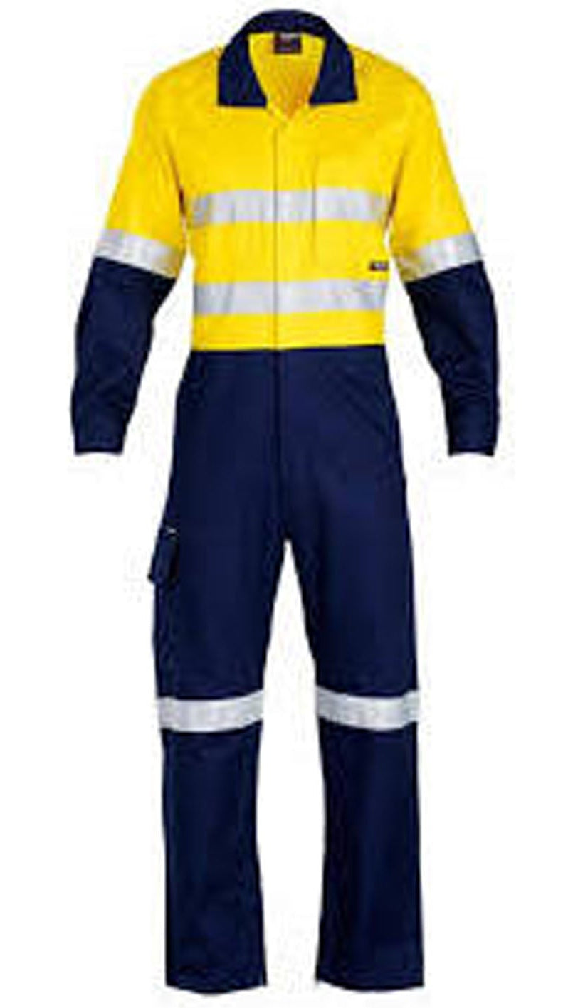 Navy and yellow work coverall with reflective stripes on a white background
