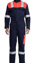 Navy blue work coverall with orange and reflective stripes on a white background
