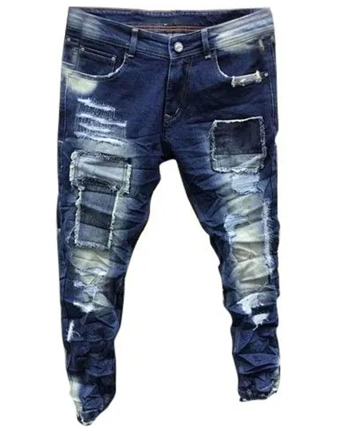 Distressed blue jeans on a white background