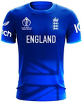 Blue sports jersey with 'England' text and various logos on a white background