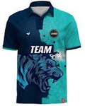 Teal and navy sports jersey with a lion graphic and 'Team' text on a white background