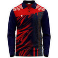 Long-sleeve shirt with red and blue pattern on a white background