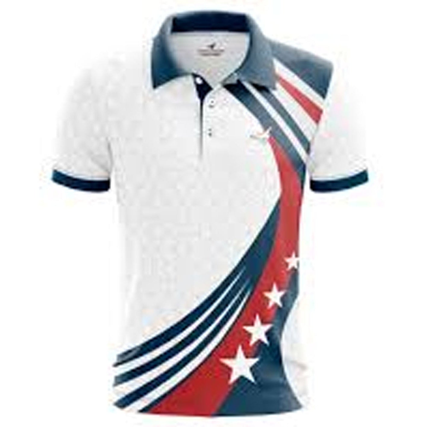 Polo shirt with a patriotic design featuring stars and stripes on a white background