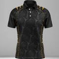 Black polo shirt with patterned sleeves on a gray background