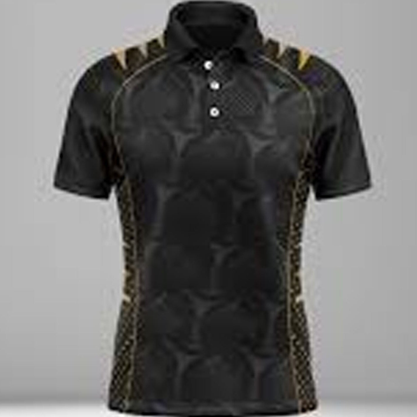 Black polo shirt with patterned sleeves on a gray background