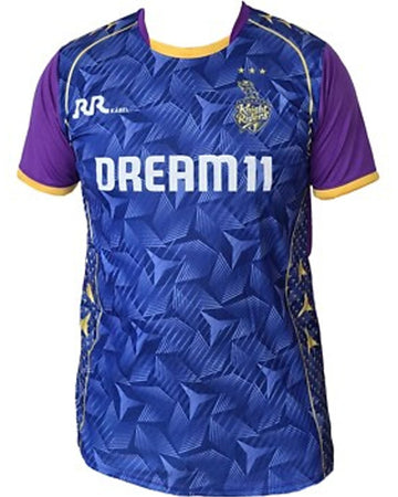 Blue sports jersey with purple sleeves and 'Dream11' branding on a white background