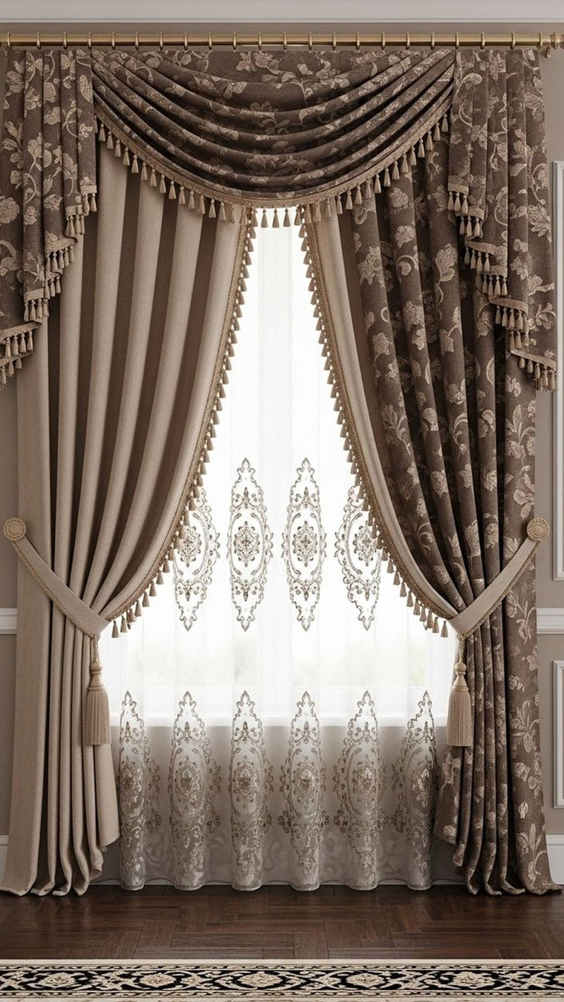 Decorative curtains with intricate patterns in a room setting
