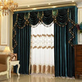 Decorative curtains with a chandelier and furniture in a room setting