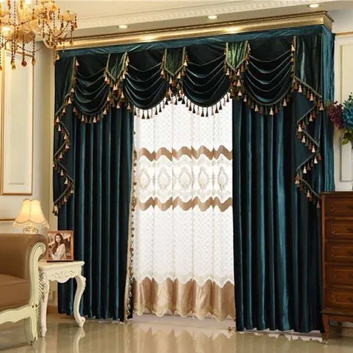 Decorative curtains with a chandelier and furniture in a room setting