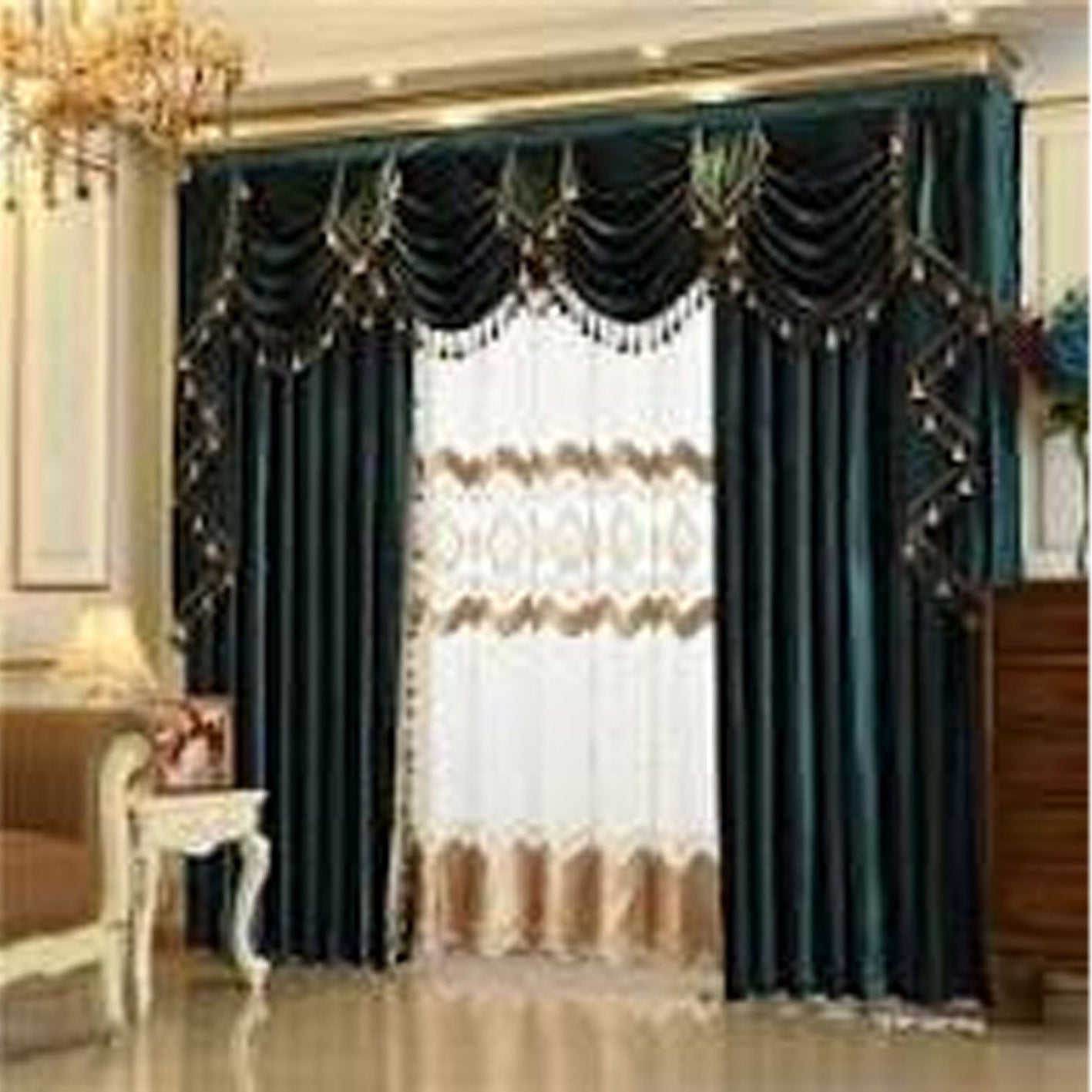 Decorative curtains with valance in a room setting