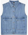 Blue denim vest on a white background