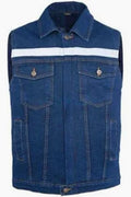 Blue denim vest with white stripe on a white background