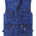 Blue denim vest with multiple pockets and zippers on a white background