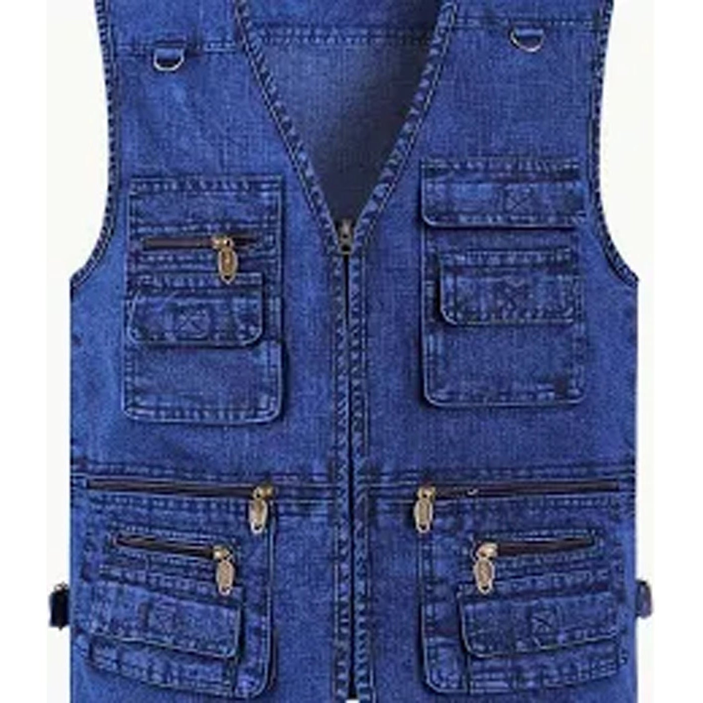 Blue denim vest with multiple pockets and zippers on a white background