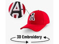 Red cap with 3D embroidered letter 'A' on a white background