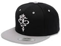 Black and gray cap with a white logo on a white background