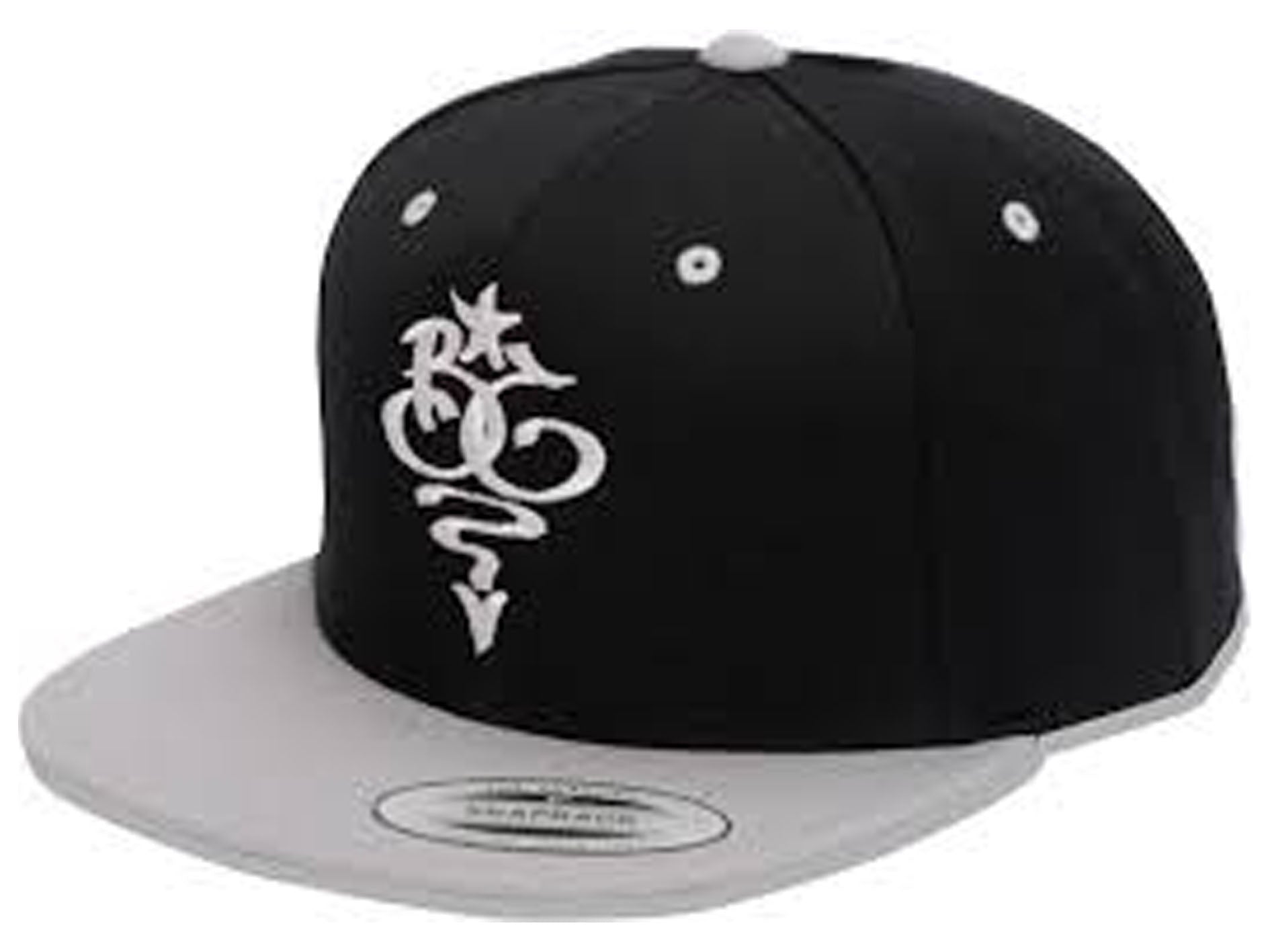 Black and gray cap with a white logo on a white background