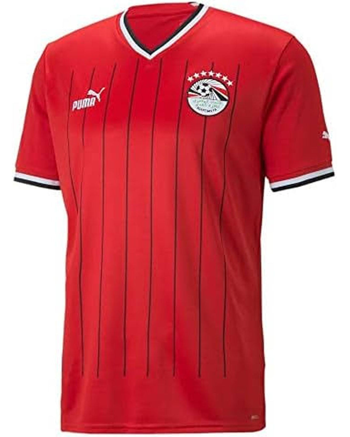 Red Egypt Soccer withblack lining and white and black cuff and vneck